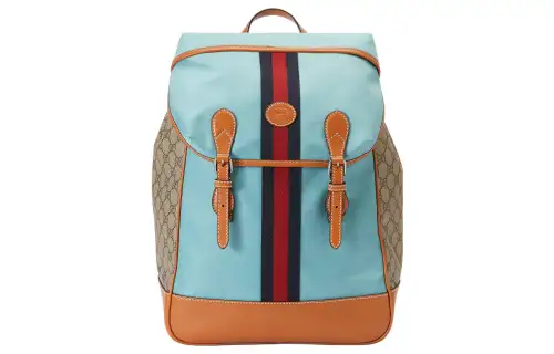 GUCCI Recycled Nylon Canvas With Leather Binding Backpack Men's Light Blue