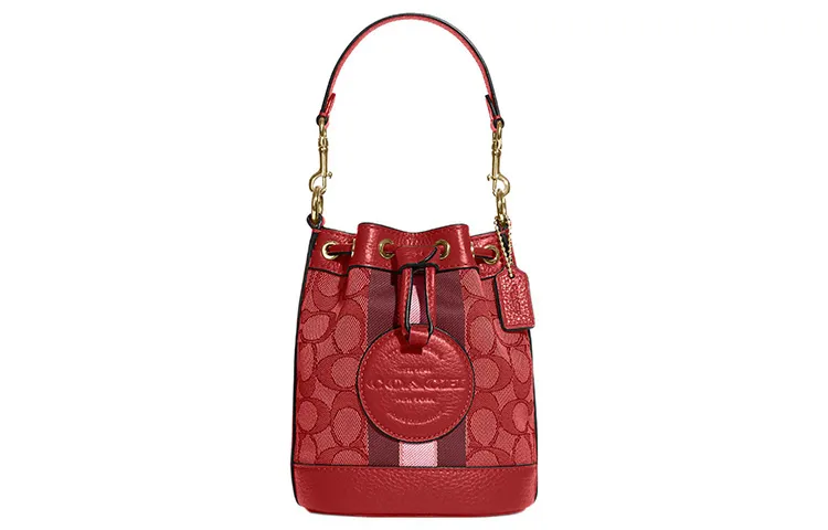 COACH Dempsey Jacquard Fabric With Pebble Texture Cow Leather Bucket Bag, Handbag, Shoulder Bag, Crossbody Bag Mini