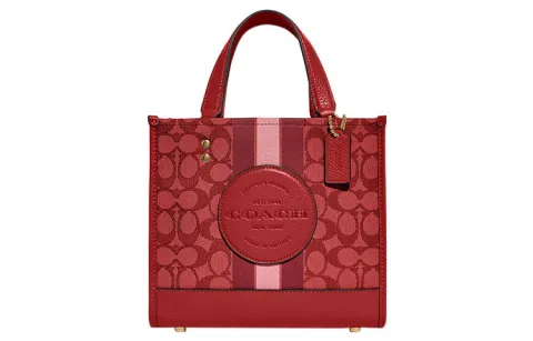 COACH Dempsey Fabric With Cow Leather Tote Bag, Shopping Bag, Handbag, Shoulder Bag, Crossbody Bag Small Women's Red