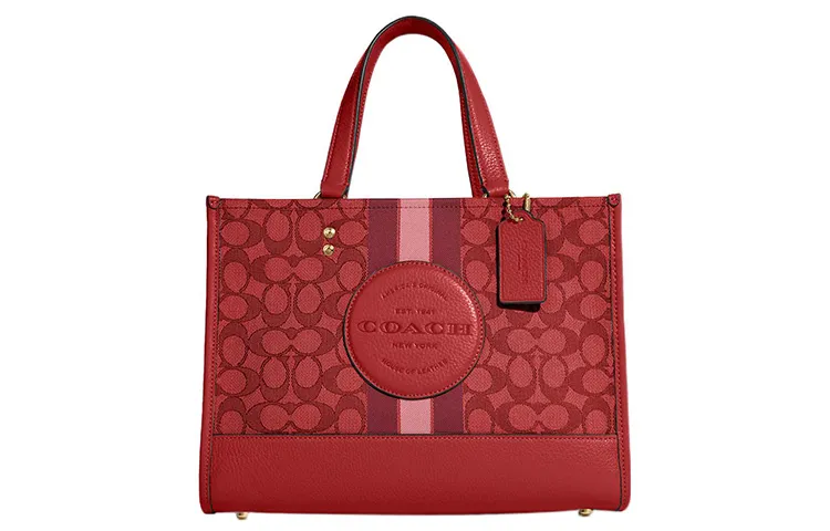 COACH Dempsey Jacquard Fabric With Pebbled Leather Shoulder Bag, Crossbody Bag, Handbag Large Women's Red