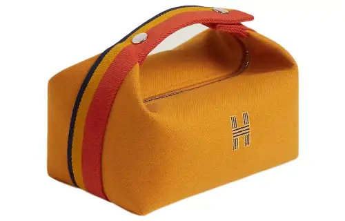 HERMES Bride a Brac Cotton Fabric Travel Storage Bag Handbag, Toiletry Bag Small Women's Ochre
