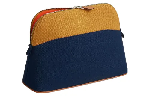 HERMES BolideCarrousel Sheepskin Makeup Bag Storage & Toiletry Bags Bowling Bags Women's Ochre & Blue