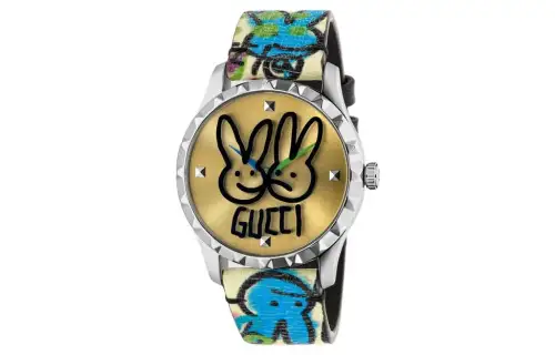 GUCCI G Timeless Collection Wrist Watch Quartz Movement Leather Strap 38mm Gold Dial Unisex 50m Water Resistant