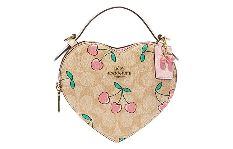 COACH Heart Coated Canvas With Leather Handbag Small Women's Khaki