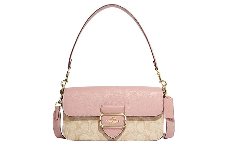 COACH Morgan Canvas With Leather With Cow Leather Handbag, Shoulder Bag Large Women's Khaki Monogram & Pink