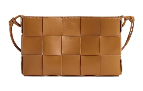 Bottega Veneta Cassette Pouch On Strap Intreccio Camel