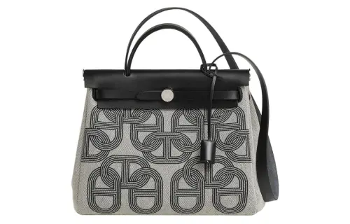 HERMES Herbag Zip H Plume Canvas With Leather Shoulder Bag, Crossbody Bag, Handbag 31 Unisex Black/Light Beige
