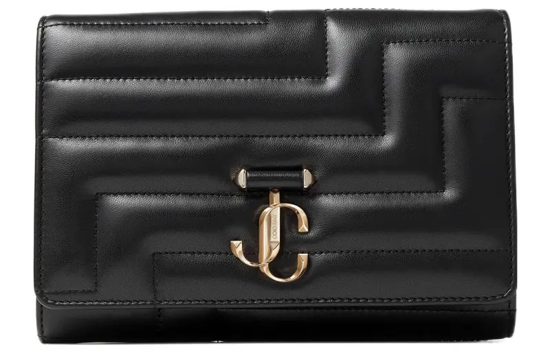 Jimmy Choo VARENNE Light Gold JC Logo Detachable Chain Folding Nappa Leather Shoulder Crossbody Clutch Women's Black