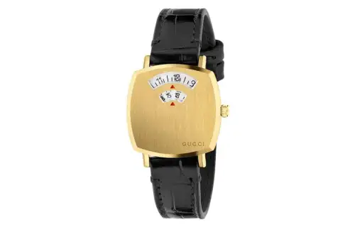 GUCCI Grip Collection Wrist Watches Quartz Movement Crocodile Leather Strap Gold Dial Men's 30m Water Resistant