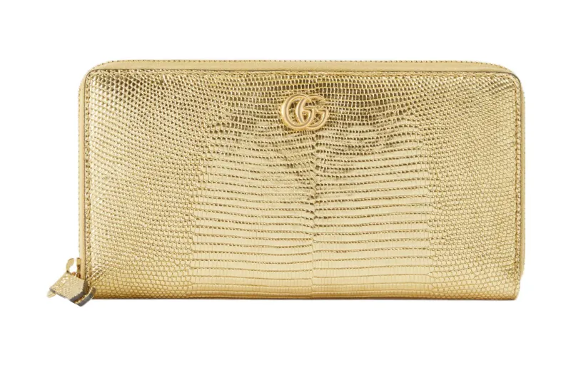 GUCCI GG Marmont Lizard Skin Wallet Women's Gold