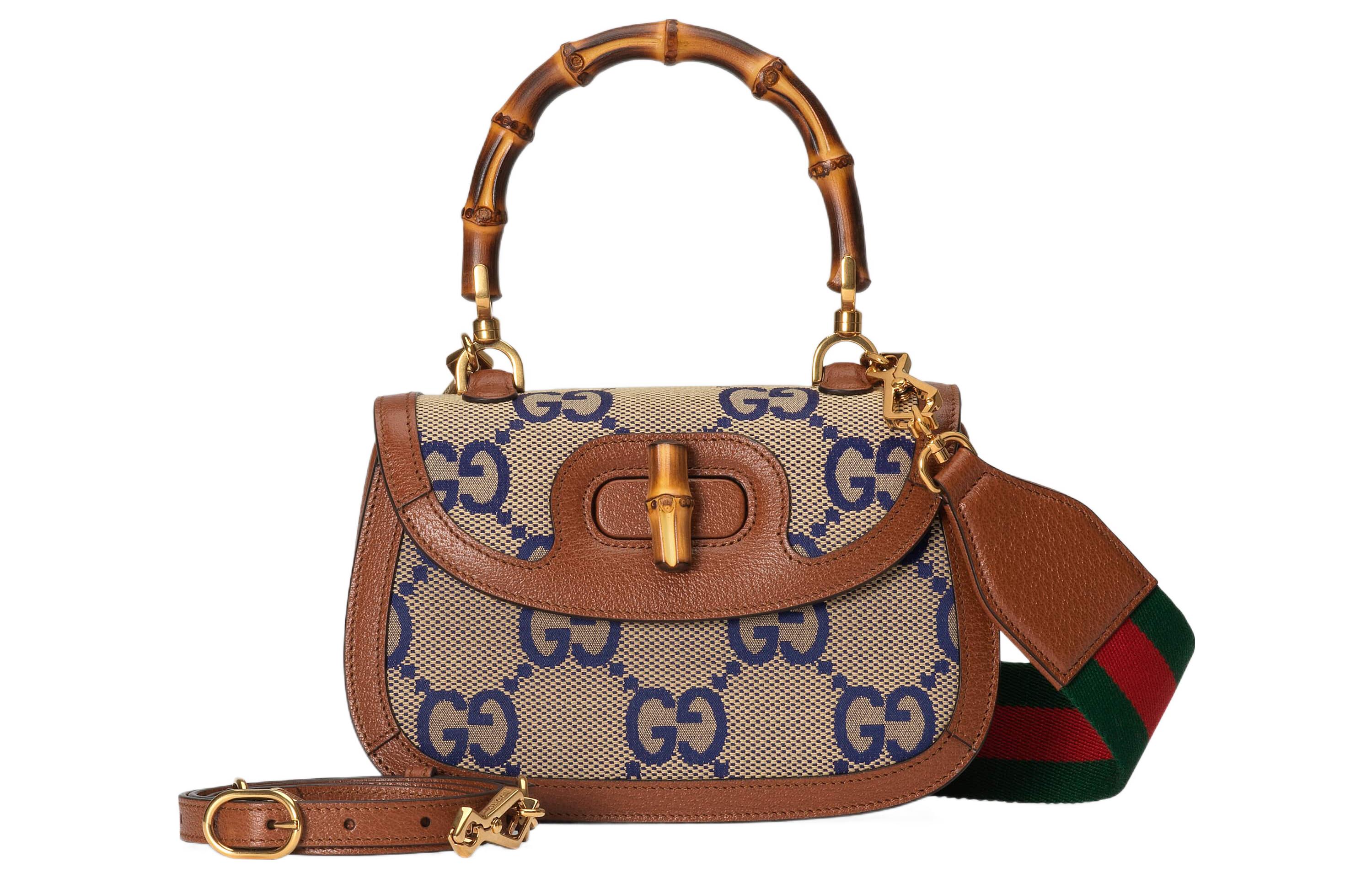 GUCCI Bamboo 1947 Canvas With Leather Shoulder Bag, Crossbody Bag, Handbag Small Women's Blue/Brown