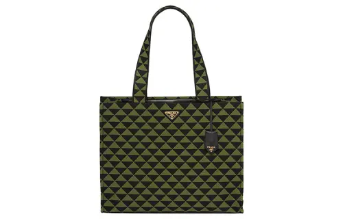PRADA Embroidered Fabric Tote Bag, Shopping Bag, Shoulder Bag, Handbag Men's Black/Ivy Green