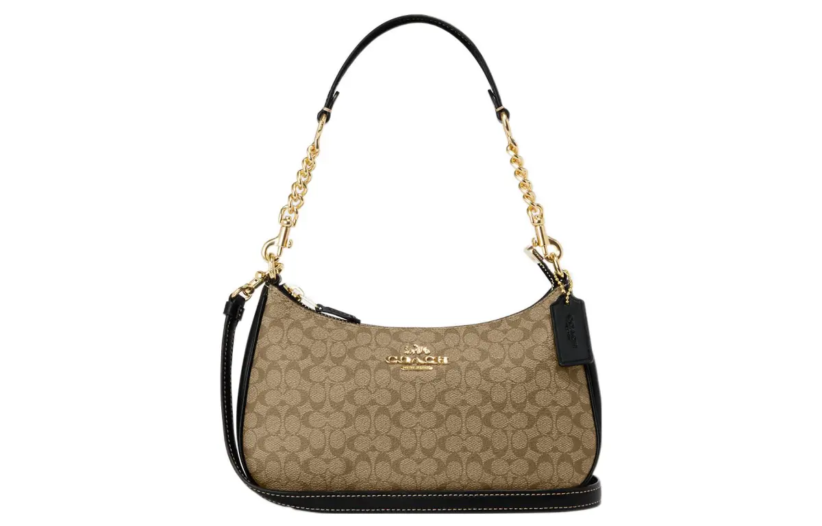 COACH Teri Canvas With Leather Handbag, Shoulder Bag Medium Women's Khaki & Black