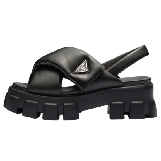 PRADA Monolith Padded 55mm Sandals Black Nappa Leather Women's