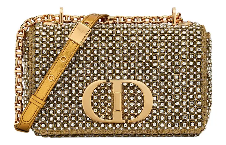 DIOR Caro Embroidery With Rhinestone One Shoulder Handbag Small Women's Gold