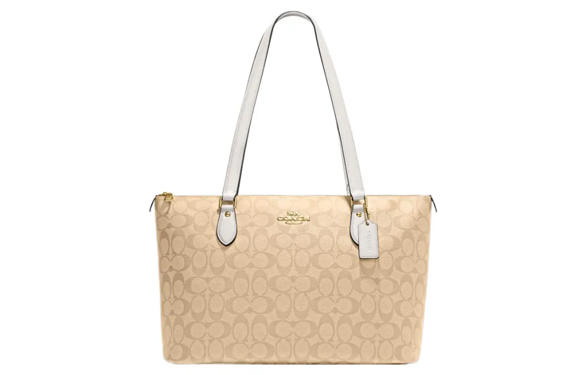 COACH Gallery Coated Canvas With Leather Tote Bag, Shopping Bag, Handbag, Shoulder Bag Women's Khaki White Multicolor