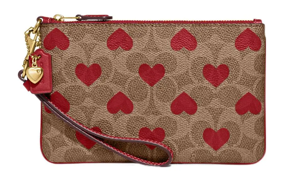 COACH Heart Canvas With Leather And Calfskin Wrist Bag Clutch Small Women's Brown