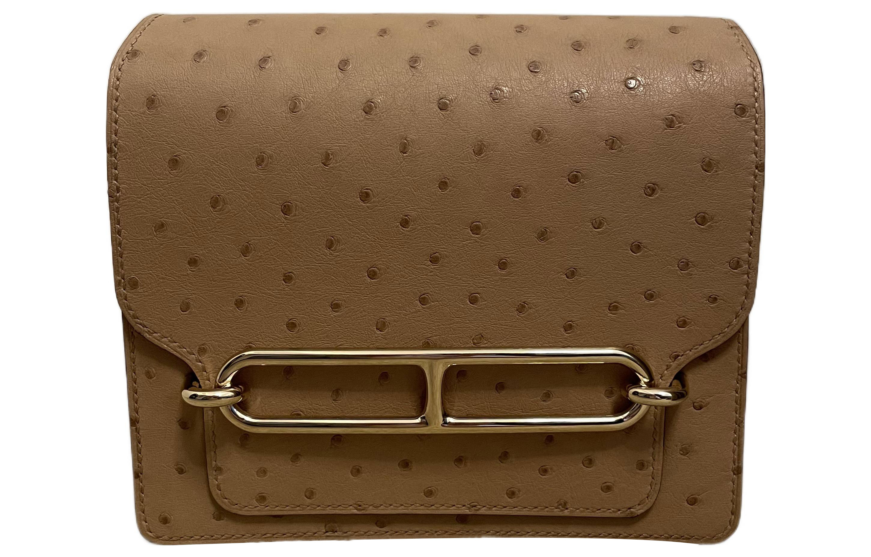 HERMES Roulis Light Gold Buckle Ostrich Leather Pig Nose Bag, Crossbody Bag Mini Women's 0M Chai Milk Tea