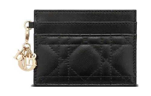 DIOR Lady Dior 5 Card Slots Wicker Pattern Sheepskin Card Holder Women's Black