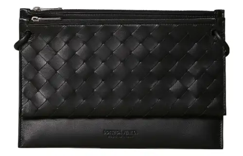 Bottega Veneta 2 Compartment Woven Leather Clutch Black