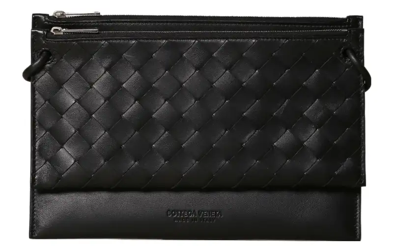Bottega Veneta 2 Compartment Woven Leather Clutch Black
