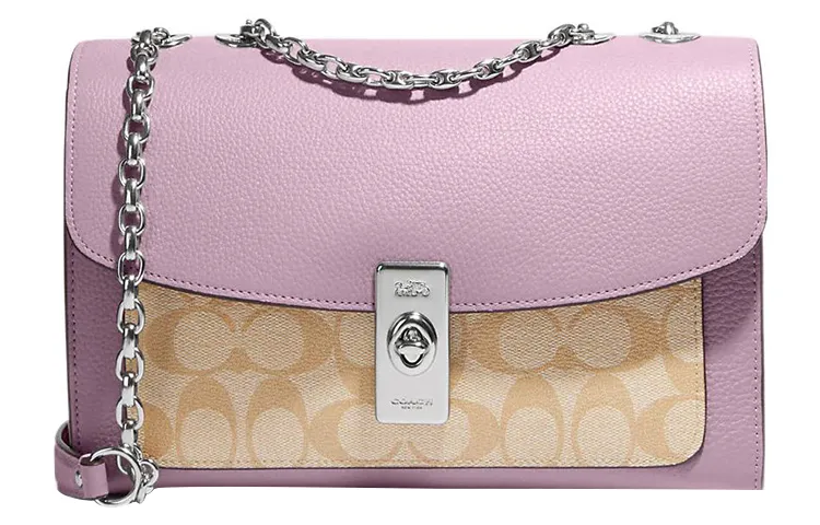 COACH Lane Coated Canvas With Pebbled Leather Crossbody Bags Medium Women's Khaki Monogram & Pink