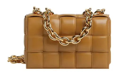Bottega Veneta Chain Cassette Padded Intreccio Shoulder Bag Caramel