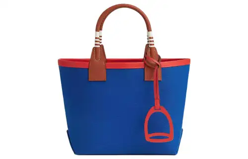 HERMES Steeple Canvas With Swift Leather Canvas Bag, Handbag Women's Pool Blue & Copper Red