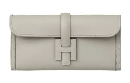 HERMES Jige Elan Leather Wallet Clutch Women's 80 Gris Perle Pearl Gray