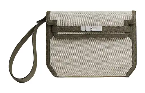 HERMES Kelly Depeches H Canvas With Togo Calfskin Clutch Men's Light Beige & Apricot Green