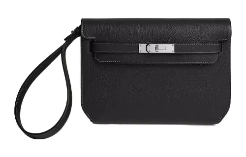 HERMES Kelly Depeches Galop D Cow Leather Clutch Men's Noir Black