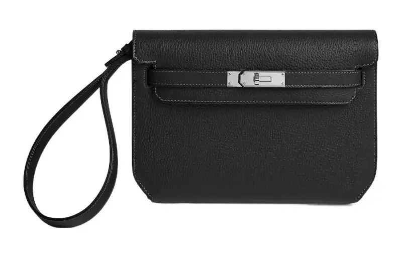 HERMES Kelly Depeches Galop D Cow Leather Clutch Men's Noir Black