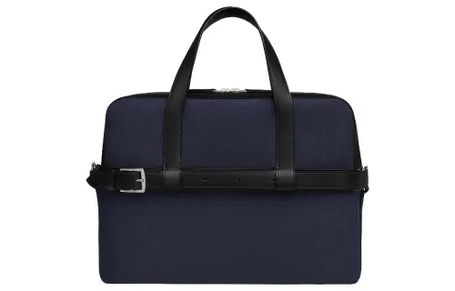 HERMES Silver Tone Buckle Wooly Canvas With Evergrain Calfskin Handbag Men's Marine Blue & Black
