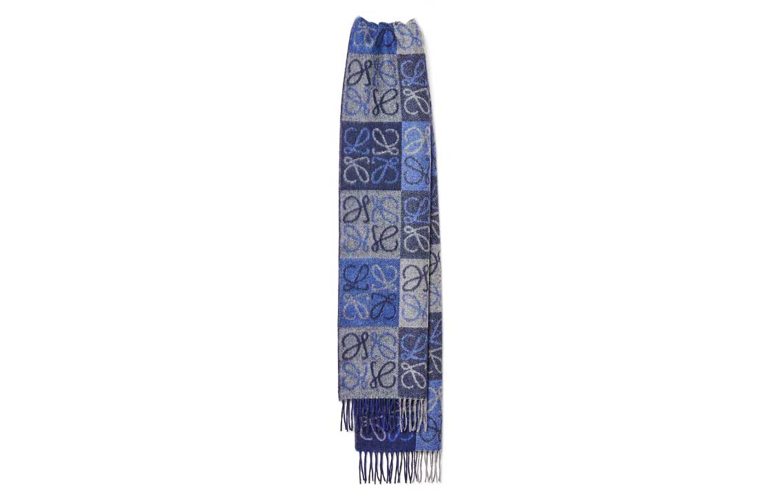 LOEWE Comfortable fashionable chess, blue scarf with tassels, simple and elegant design, women's style