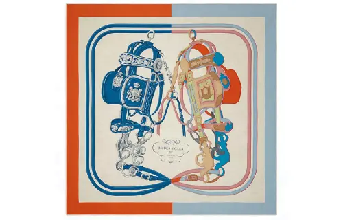 HERMES Glamorous Style With Floral Design Shawl Women's Orange/Blue/Beige