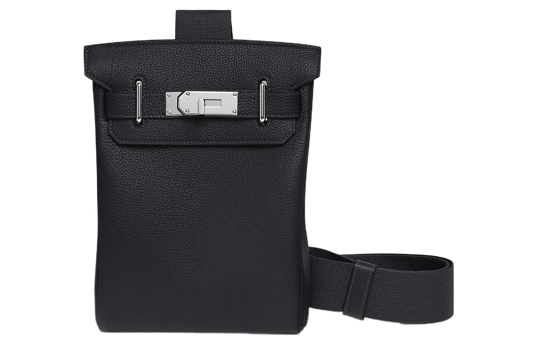 HERMES Hac A Dos Silver Tone Buckle Togo Calfskin Shoulder Bag, Crossbody Bag Small Unisex 3Y Caban Black Tweed