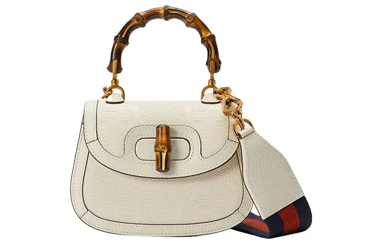 GUCCI Bamboo 1947 Canvas With Leather Trim Bamboo Bag Handbag, Shoulder Bag Mini Women's White