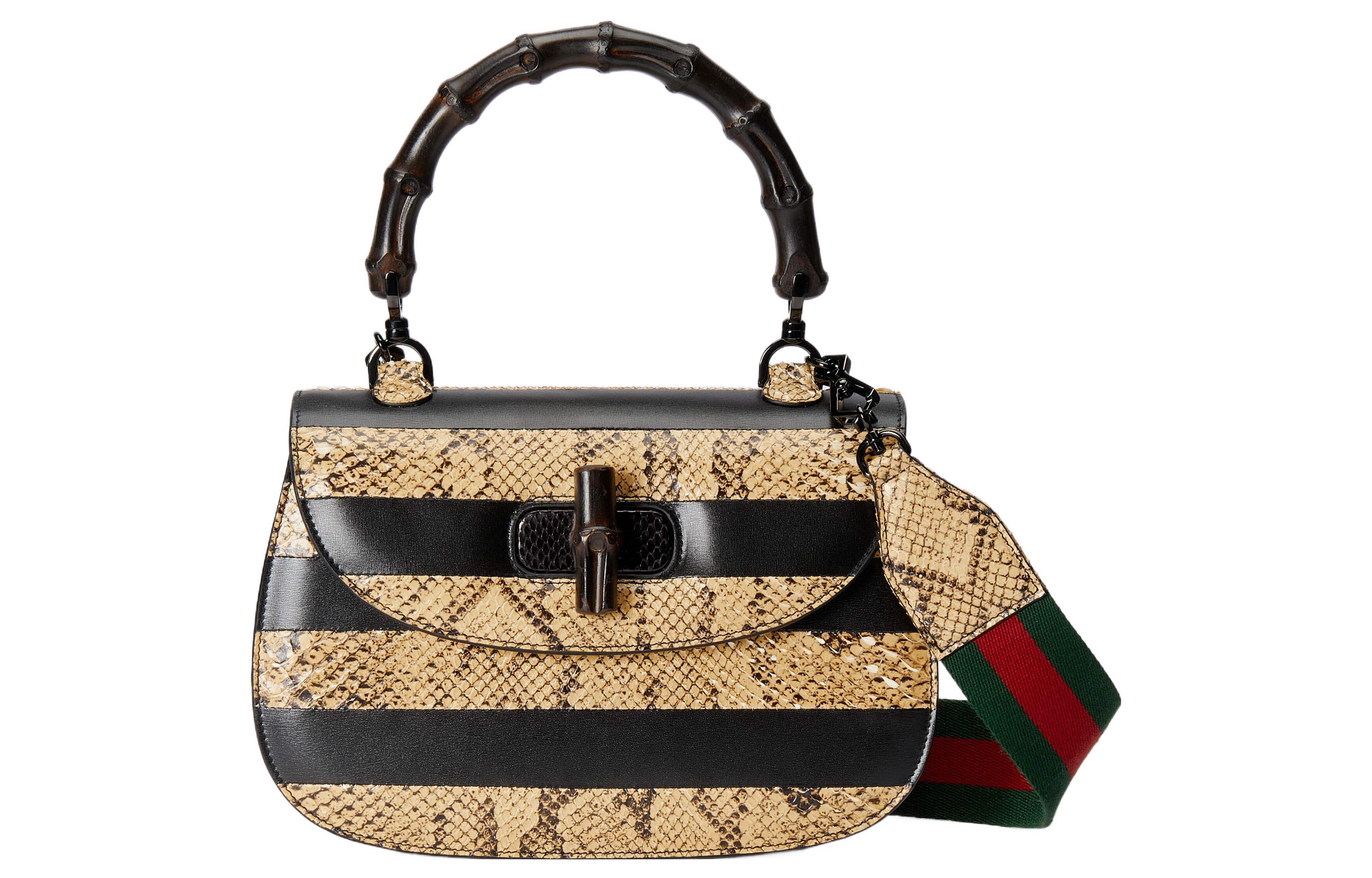 GUCCI Bamboo 1947 Python Skin With Leather Shoulder Bag, Crossbody Bag, Handbag Medium Women's Black/Yellow