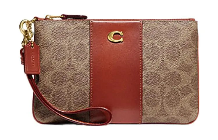 COACH Wristlet Coated Canvas With Calfskin Clutch Wrist Bag Small Women's Brown & Rusty