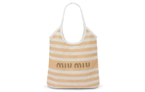 MIU MIU Maritime Linen With Calfskin Tote Bag, Shopping Bag, Shoulder Bag, Handbag Women's White & Brown