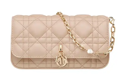 DIOR Lady Dior Wicker Pattern Sheepskin Handheld Crossbody One Shoulder Cell Phone Pouch Women's Beige
