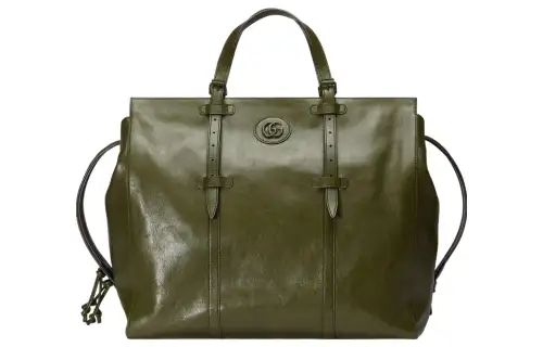 GUCCI Leather Tote Bag, Shopping Bag, Handbag Large Men's Forest Green