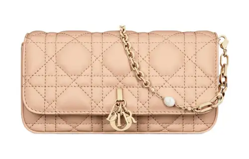 DIOR Lady Dior Wicker Pattern Sheepskin Handheld Crossbody One Shoulder Cell Phone Pouch Women's Sand Pink