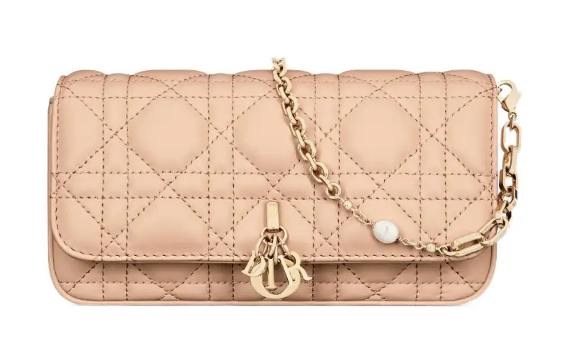 DIOR Lady Dior Wicker Pattern Sheepskin Handheld Crossbody One Shoulder Cell Phone Pouch Women's Sand Pink