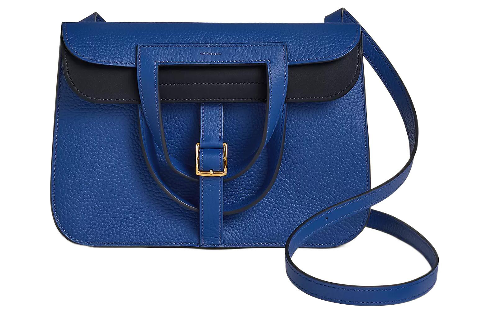 HERMES Halzan Clemence Bullock Leather Horse Hoof Bag, Handbag, Shoulder Bag, Crossbody Bag 25 Women's Sapphire Blue