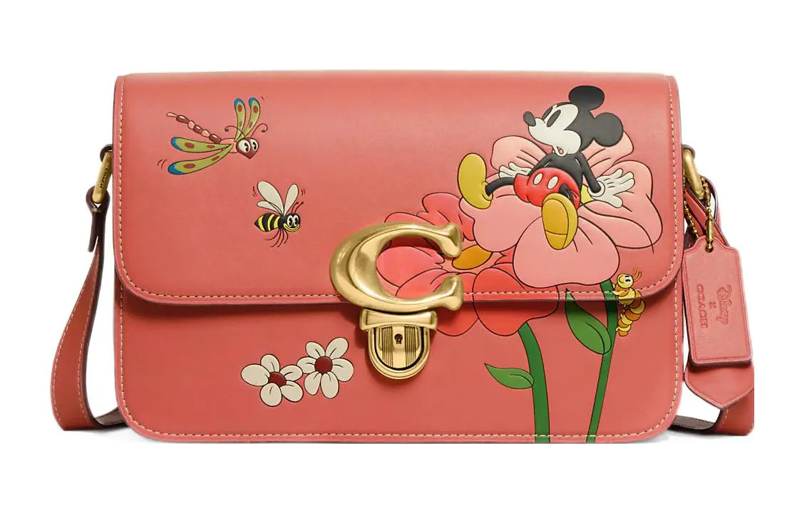 COACH Disney Collaboration Studio Leather One Shoulder Closure Crossbody Bag Medium Women's Coral Red