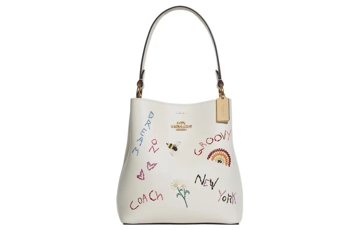 COACH Diary Embroidery Collaboration Town Leather Bucket Bag, Shoulder Bag, Crossbody Bag Small Women's White