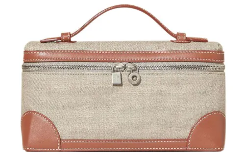 Loro Piana Linen With Cow Leather Box Bag, Shoulder Bag, Crossbody Bag, Handbag Small Women's