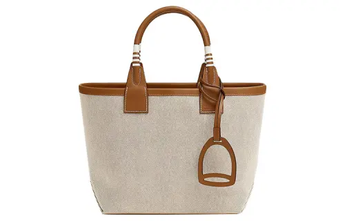 HERMES Steeple H Canvas With Swift Calfskin Handbag Women's Light Beige & Gold