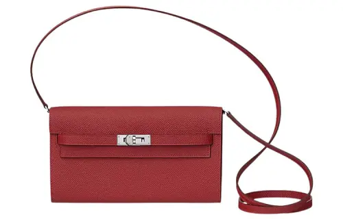 HERMES Kelly To Go Silver Tone Buckle Epsom Leather Crossbody Wallet Regular Women's K1 Rouge Grenade Garnet Red